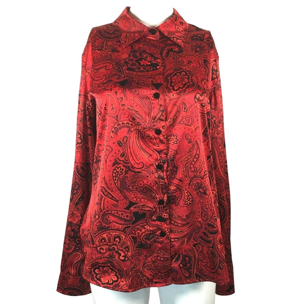 Additions Chicos Shirt Sz 1 US Sz Small 6 Red Paisley Silky Long Sleeve Button